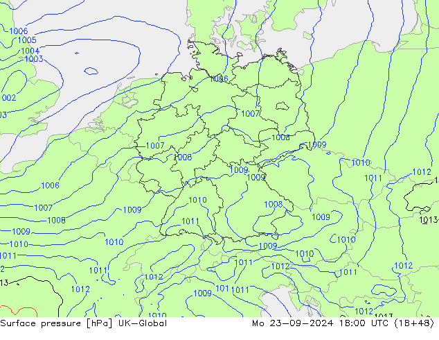 Atmosférický tlak UK-Global Po 23.09.2024 18 UTC