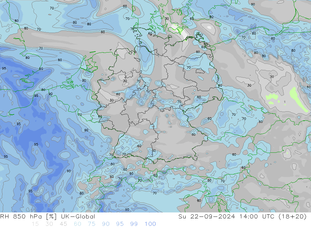 Humedad rel. 850hPa UK-Global dom 22.09.2024 14 UTC