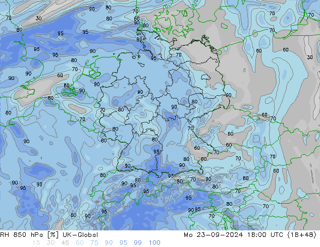 RH 850 hPa UK-Global Mo 23.09.2024 18 UTC