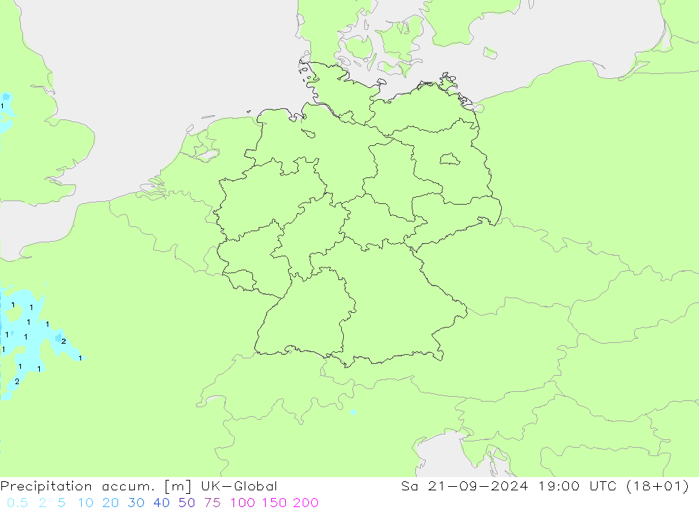 Precipitation accum. UK-Global sab 21.09.2024 19 UTC