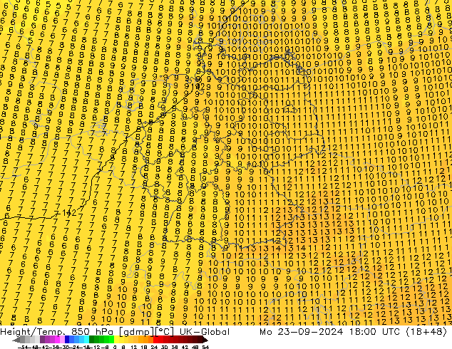 Height/Temp. 850 hPa UK-Global Mo 23.09.2024 18 UTC