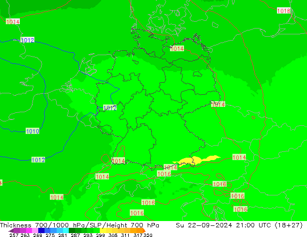 Thck 700-1000 hPa UK-Global Su 22.09.2024 21 UTC