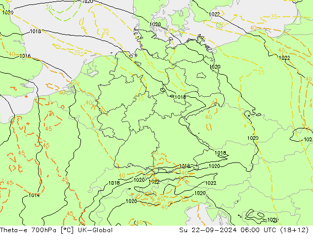 Theta-e 700hPa UK-Global zo 22.09.2024 06 UTC