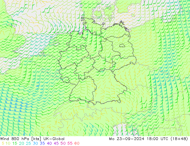 ветер 850 гПа UK-Global пн 23.09.2024 18 UTC