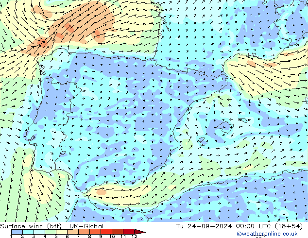 Bodenwind (bft) UK-Global Di 24.09.2024 00 UTC