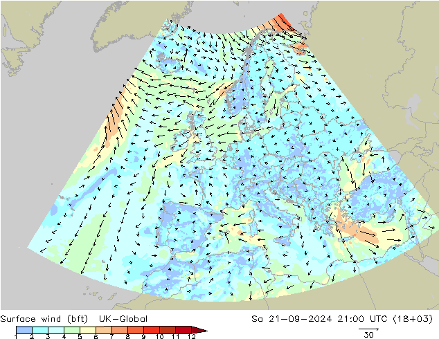 Rüzgar 10 m (bft) UK-Global Cts 21.09.2024 21 UTC