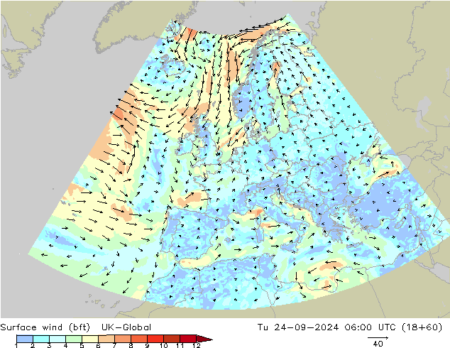 Surface wind (bft) UK-Global Tu 24.09.2024 06 UTC
