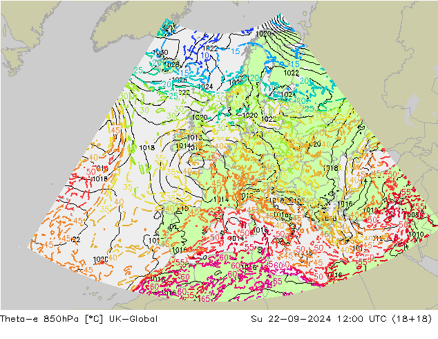 Theta-e 850hPa UK-Global 星期日 22.09.2024 12 UTC