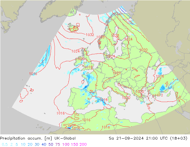 Precipitation accum. UK-Global 星期六 21.09.2024 21 UTC