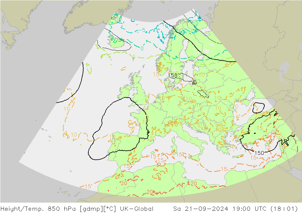 Geop./Temp. 850 hPa UK-Global sáb 21.09.2024 19 UTC
