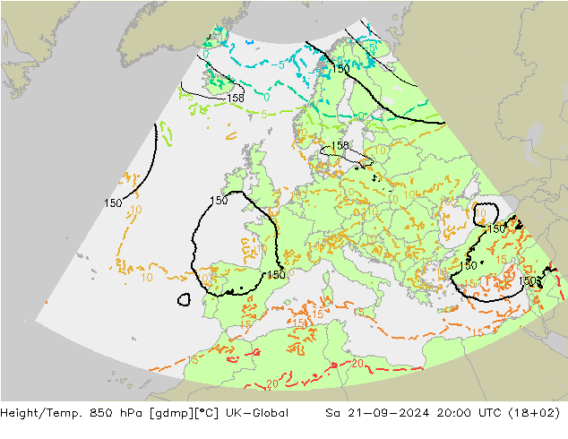 Height/Temp. 850 hPa UK-Global 星期六 21.09.2024 20 UTC