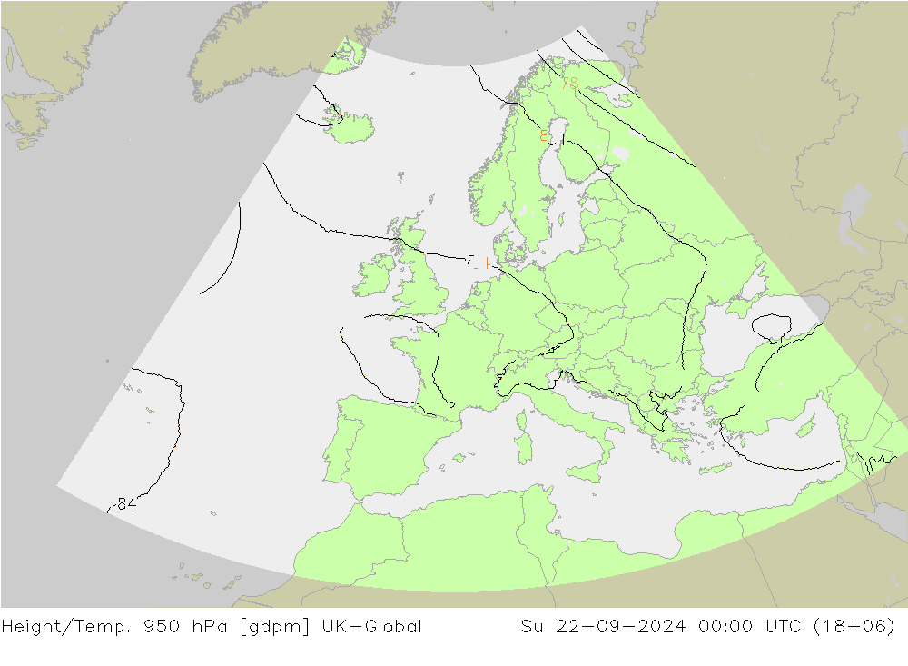 Height/Temp. 950 hPa UK-Global Su 22.09.2024 00 UTC