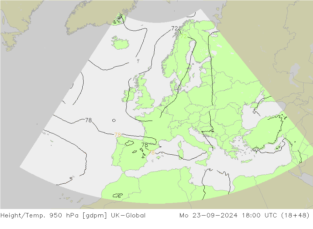 Height/Temp. 950 hPa UK-Global Seg 23.09.2024 18 UTC