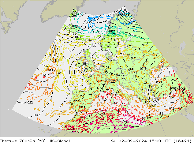 Theta-e 700hPa UK-Global 星期日 22.09.2024 15 UTC