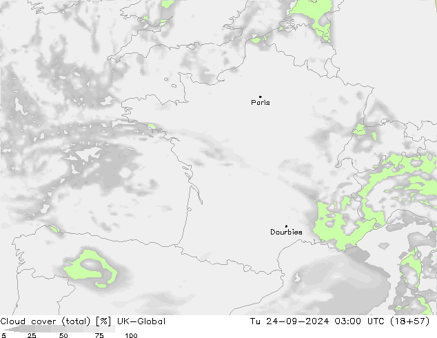 Cloud cover (total) UK-Global Tu 24.09.2024 03 UTC