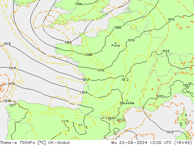 Theta-e 700hPa UK-Global Mo 23.09.2024 12 UTC