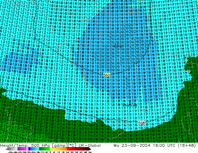 Height/Temp. 500 hPa UK-Global Mo 23.09.2024 18 UTC