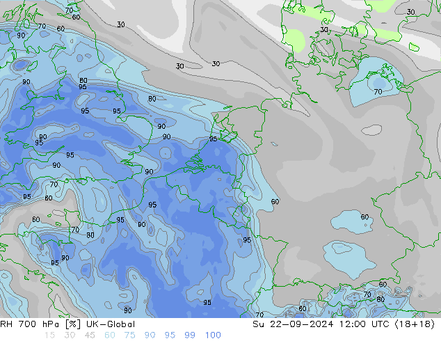 RH 700 гПа UK-Global Вс 22.09.2024 12 UTC