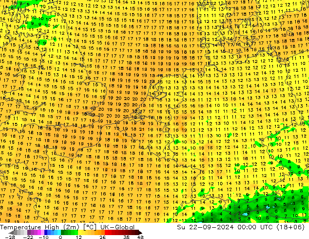 Temp. massima (2m) UK-Global dom 22.09.2024 00 UTC