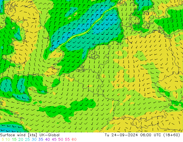 Wind 10 m UK-Global di 24.09.2024 06 UTC