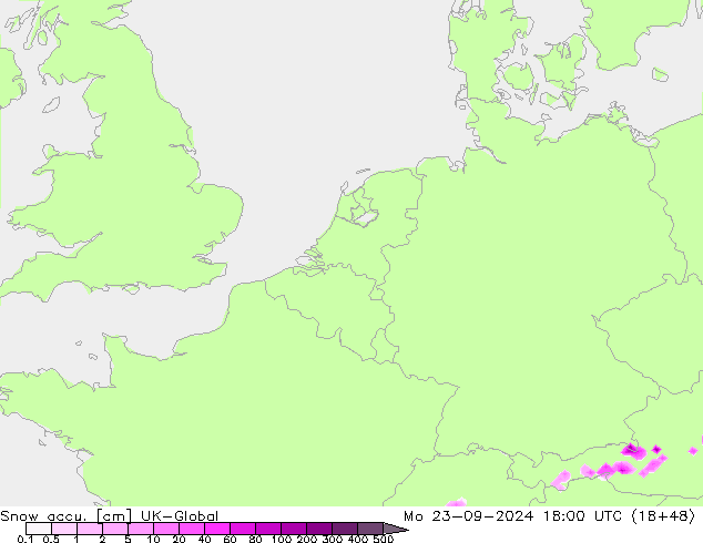 Snow accu. UK-Global Mo 23.09.2024 18 UTC