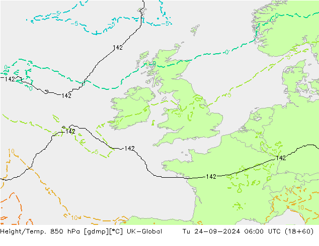 Hoogte/Temp. 850 hPa UK-Global di 24.09.2024 06 UTC