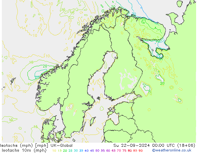 Isotachs (mph) UK-Global 星期日 22.09.2024 00 UTC