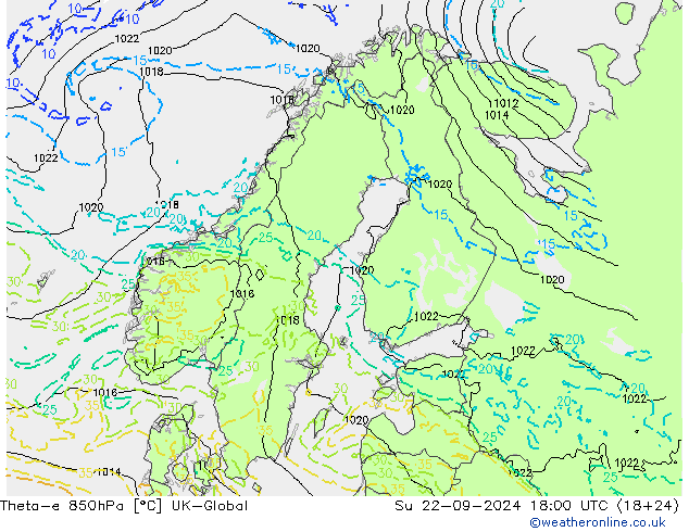 Theta-e 850hPa UK-Global So 22.09.2024 18 UTC