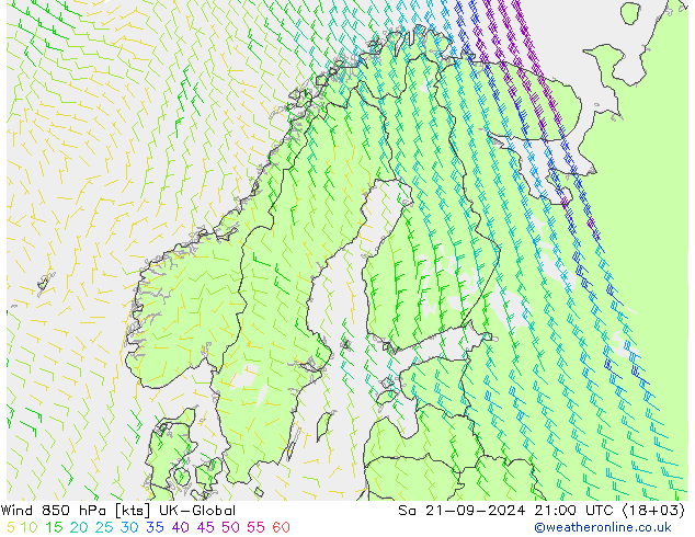 风 850 hPa UK-Global 星期六 21.09.2024 21 UTC