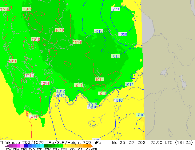 Thck 700-1000 гПа UK-Global пн 23.09.2024 03 UTC