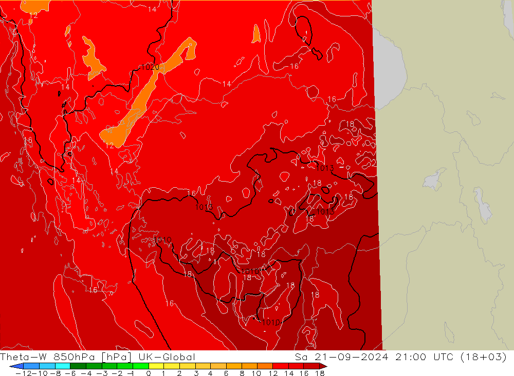 Theta-W 850hPa UK-Global Sáb 21.09.2024 21 UTC