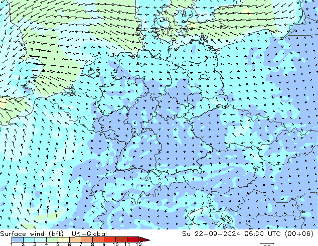 Surface wind (bft) UK-Global Su 22.09.2024 06 UTC