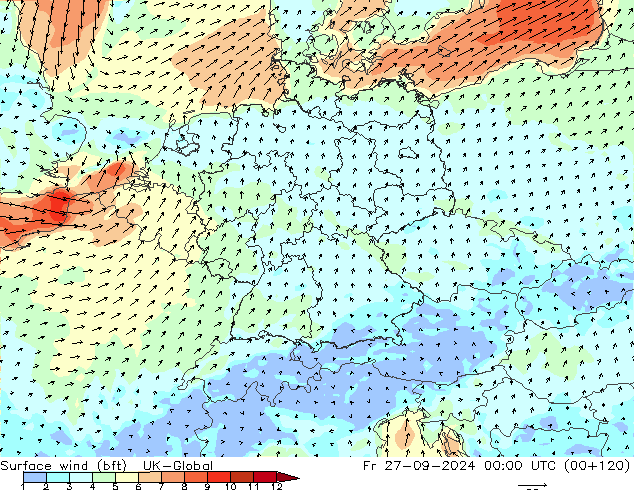 Surface wind (bft) UK-Global Fr 27.09.2024 00 UTC