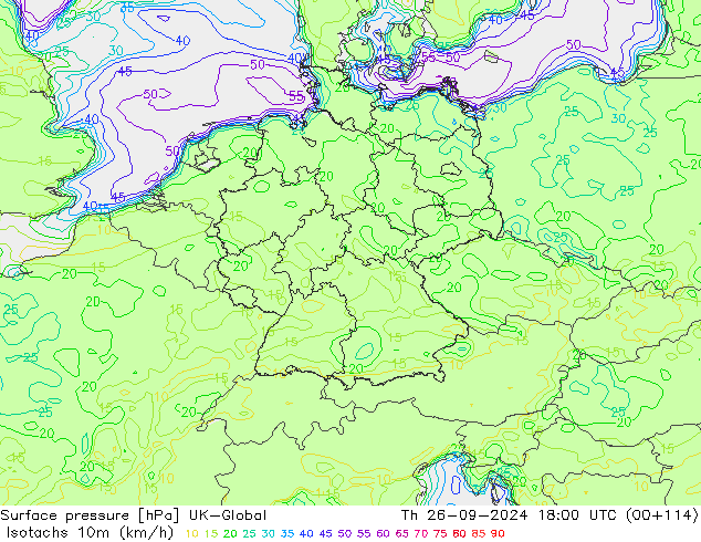 Isotachs (kph) UK-Global чт 26.09.2024 18 UTC