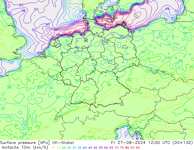 Isotachs (kph) UK-Global ven 27.09.2024 12 UTC