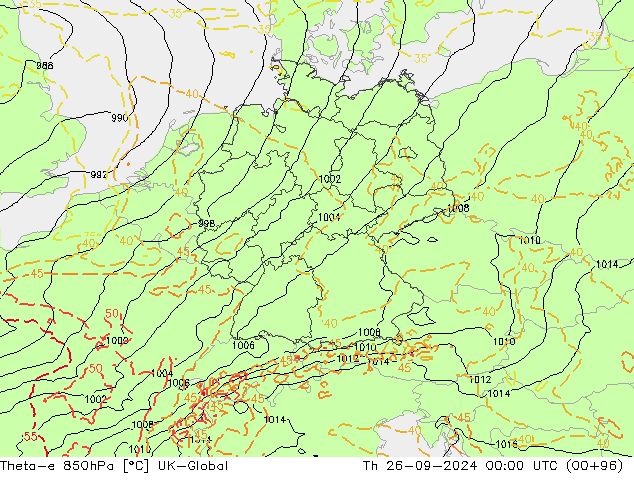 Theta-e 850hPa UK-Global Čt 26.09.2024 00 UTC