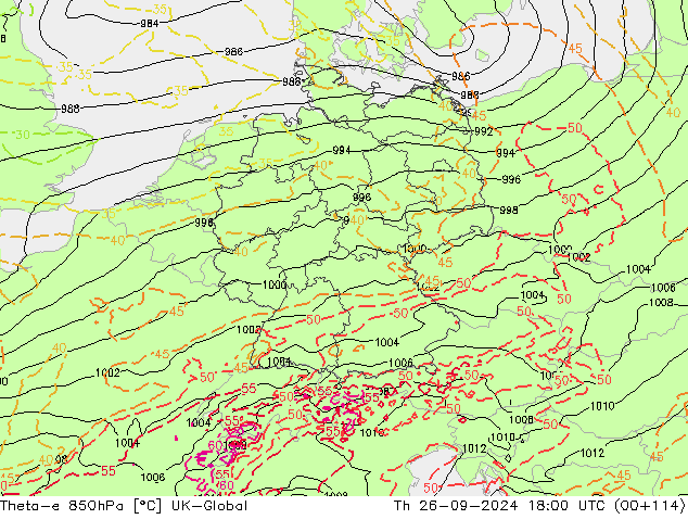 Theta-e 850hPa UK-Global Th 26.09.2024 18 UTC