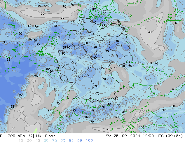 RH 700 hPa UK-Global We 25.09.2024 12 UTC