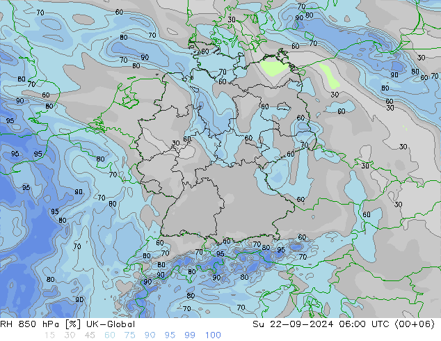 RH 850 hPa UK-Global Su 22.09.2024 06 UTC