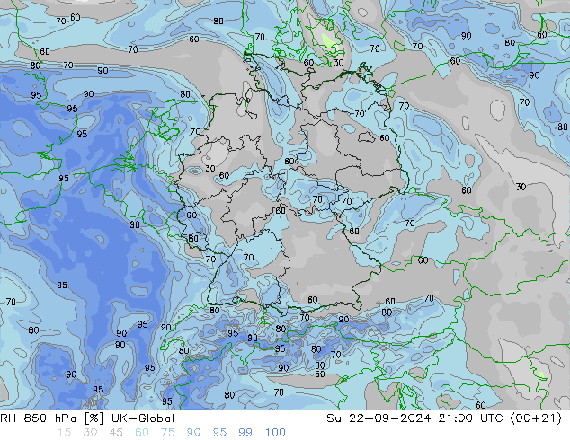 RH 850 hPa UK-Global Su 22.09.2024 21 UTC