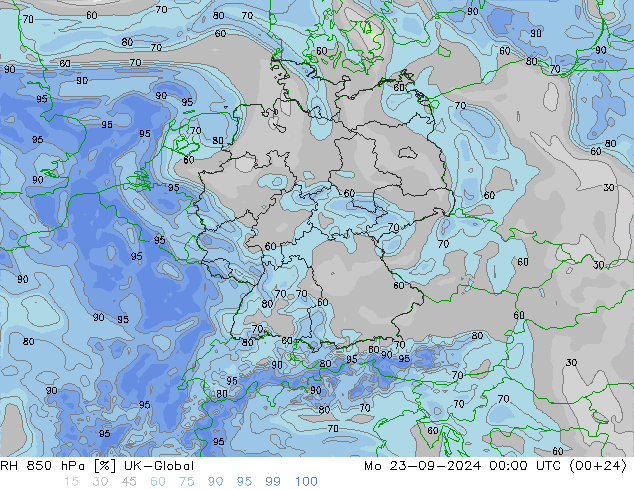 RH 850 hPa UK-Global Mo 23.09.2024 00 UTC