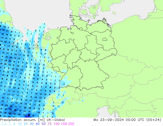 Precipitation accum. UK-Global lun 23.09.2024 00 UTC