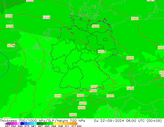 Thck 700-1000 hPa UK-Global Su 22.09.2024 06 UTC