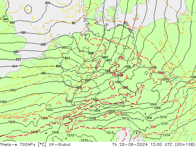 Theta-e 700hPa UK-Global do 26.09.2024 12 UTC