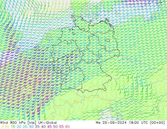 Vento 850 hPa UK-Global Qua 25.09.2024 18 UTC