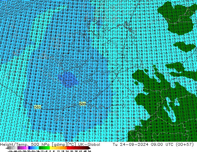 Yükseklik/Sıc. 500 hPa UK-Global Sa 24.09.2024 09 UTC