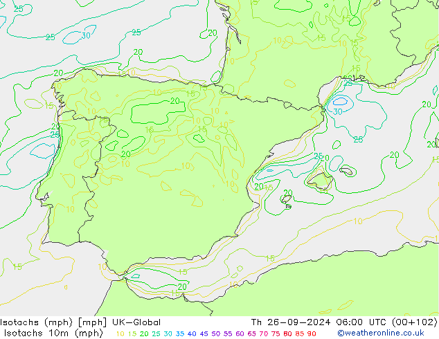 Isotachs (mph) UK-Global Th 26.09.2024 06 UTC