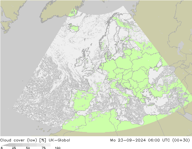 Bewolking (Laag) UK-Global ma 23.09.2024 06 UTC