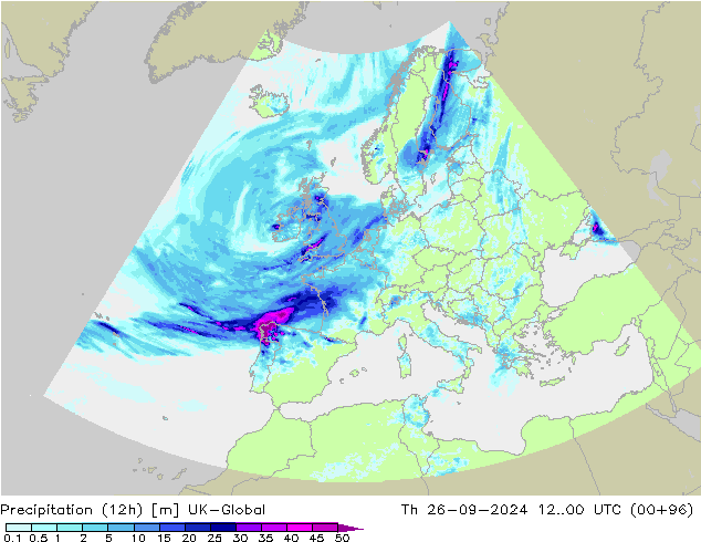 Precipitation (12h) UK-Global Čt 26.09.2024 00 UTC