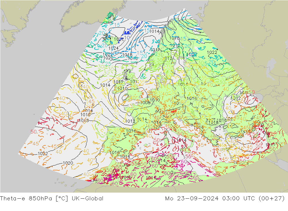 Theta-e 850hPa UK-Global Po 23.09.2024 03 UTC
